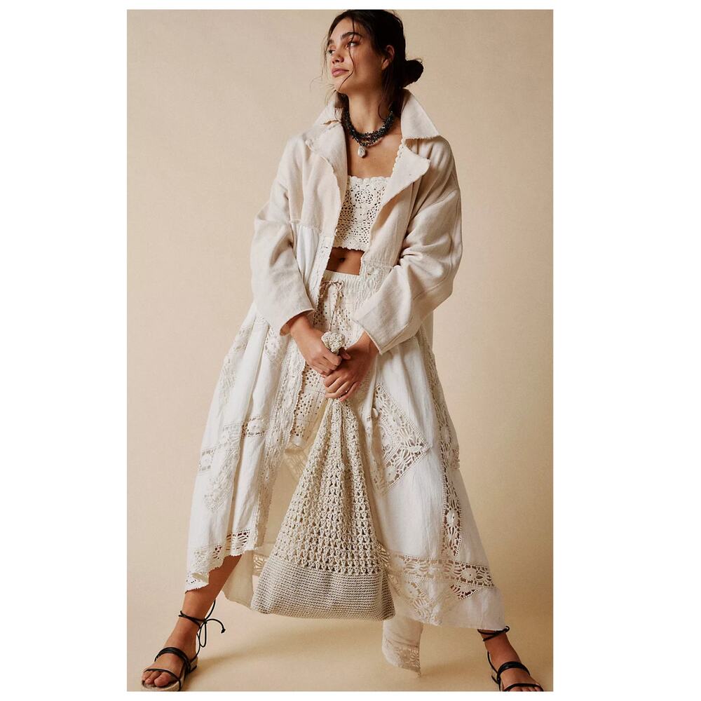 Women’s Cream Crochet-Detail Long Coat
